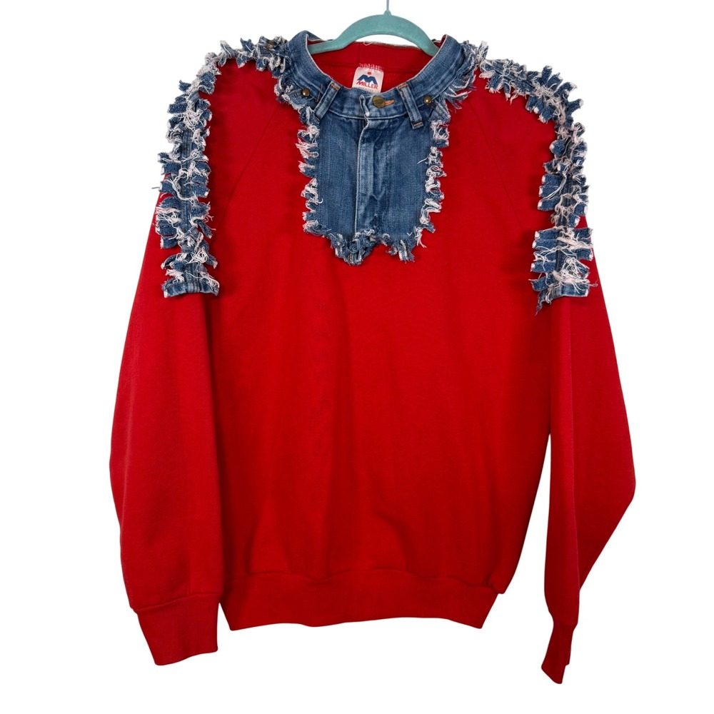 Vintage Red Miller Sweatshirt XL Upcycled Wrangler Denim Collar Fringe Pullover‎